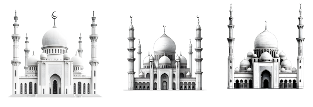 architectural sketches, Islamic mosques, detailed line drawings, intricate minarets, domes and arches, black and white illustrations on White Background