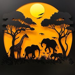 African savanna sunset silhouette art with giraffe, elephants, and birds.