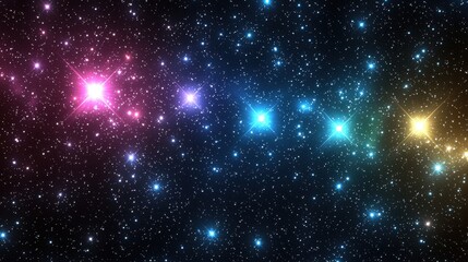 Fototapeta premium A radiant cosmic nebula in vibrant hues of teal, purple, and gold swirling across a starry backdrop. The scene is dotted with luminous stars and glowing constellations that shimmer in the endless 