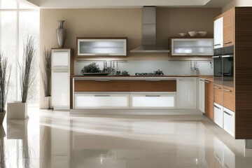 Modern Kitchen Design With Wood Cabinets And White Accents