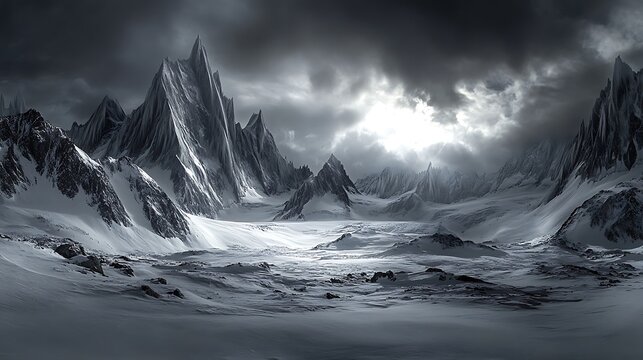  A dramatic mountain landscape with snow-covered peaks and dark, stormy clouds overhead, creating a moody and atmospheric scene. - Powered by Adobe