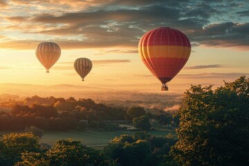 Obraz premium Beautiful landscape with colorful hot air balloons at sunrise