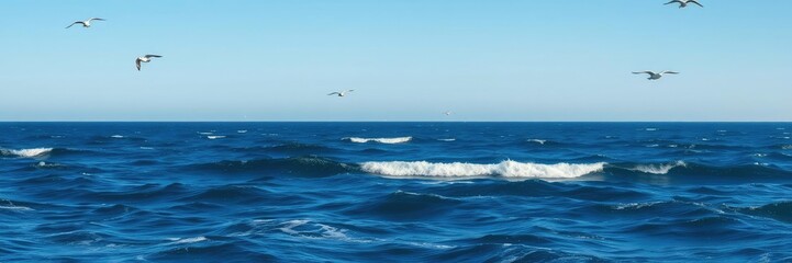 Fototapeta premium A vast ocean with waves and seagulls against a bright blue sky, wildlife, landscape, blue sky