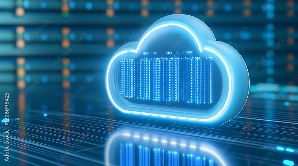 Poster futuristic cloud storage concept with digital data streams and glowing elements in technology enviro