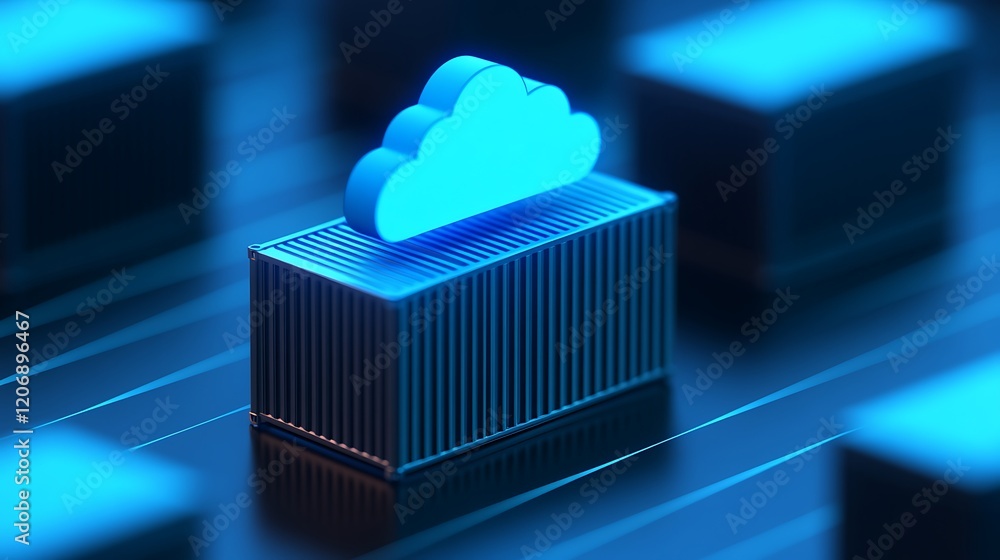 Poster futuristic cloud storage concept with glow effect over container in abstract digital environment