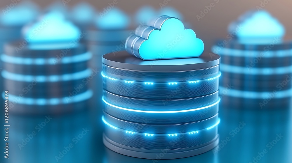 Aufkleber futuristic cloud storage concept with glowing database cylinders and illuminated cloud icon on top