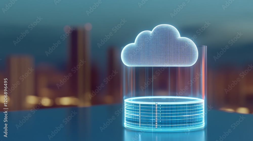 Poster futuristic cloud storage concept with glowing elements and digital data representation on reflective