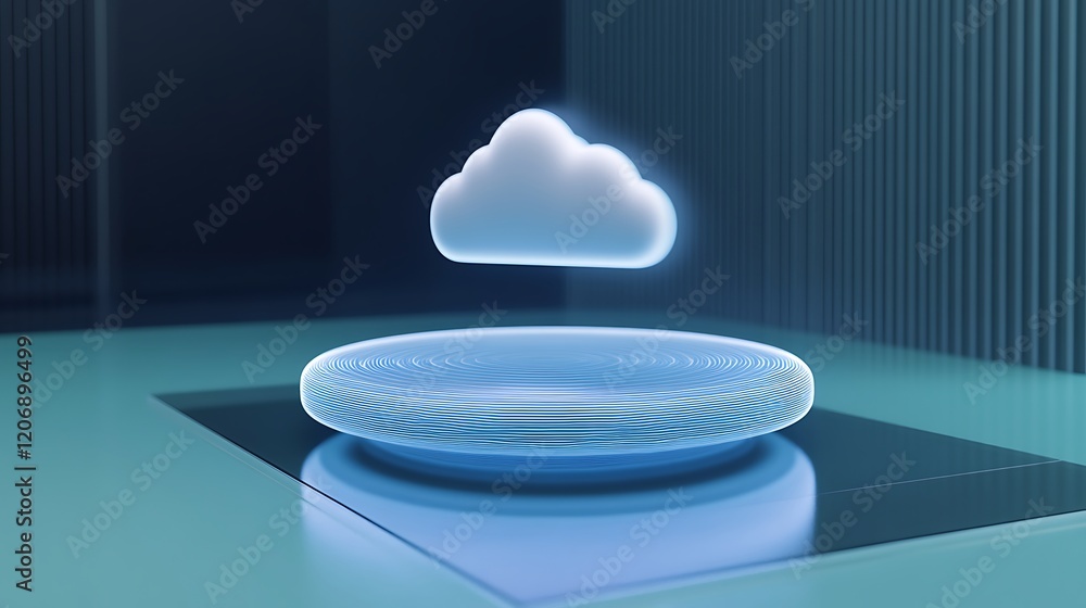 Aufkleber futuristic cloud storage concept with holographic elements on smooth round platform in modern enviro