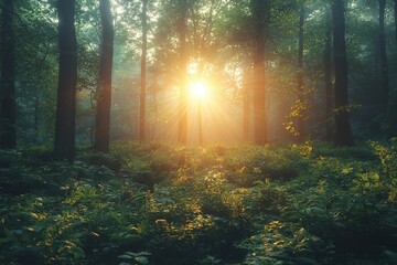 Obraz premium Serene sunlit forest with lush green undergrowth, peaceful woodland landscape