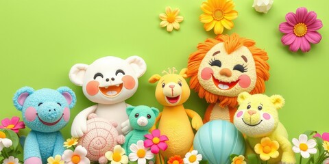 A vibrant green background with adorable, cute objects like plush toys, flowers, and smiling animals, smiling, vibrant