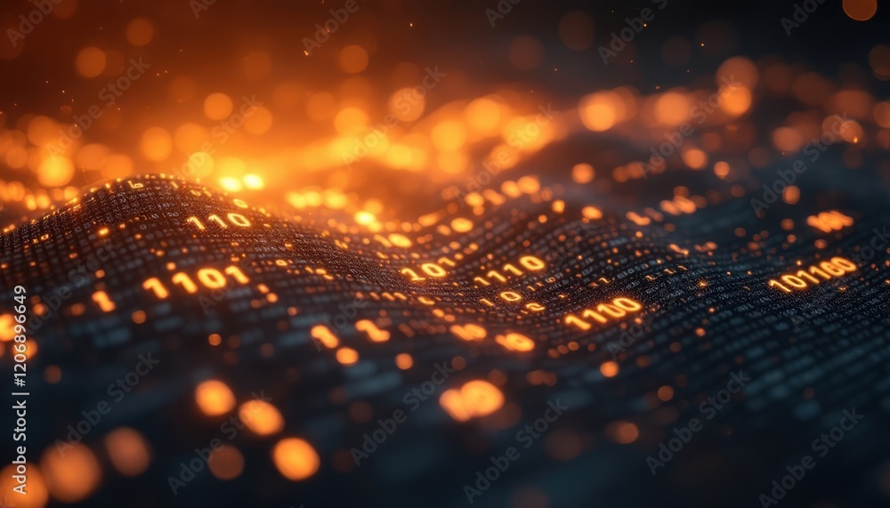 Poster glowing orange binary code wave on a dark background