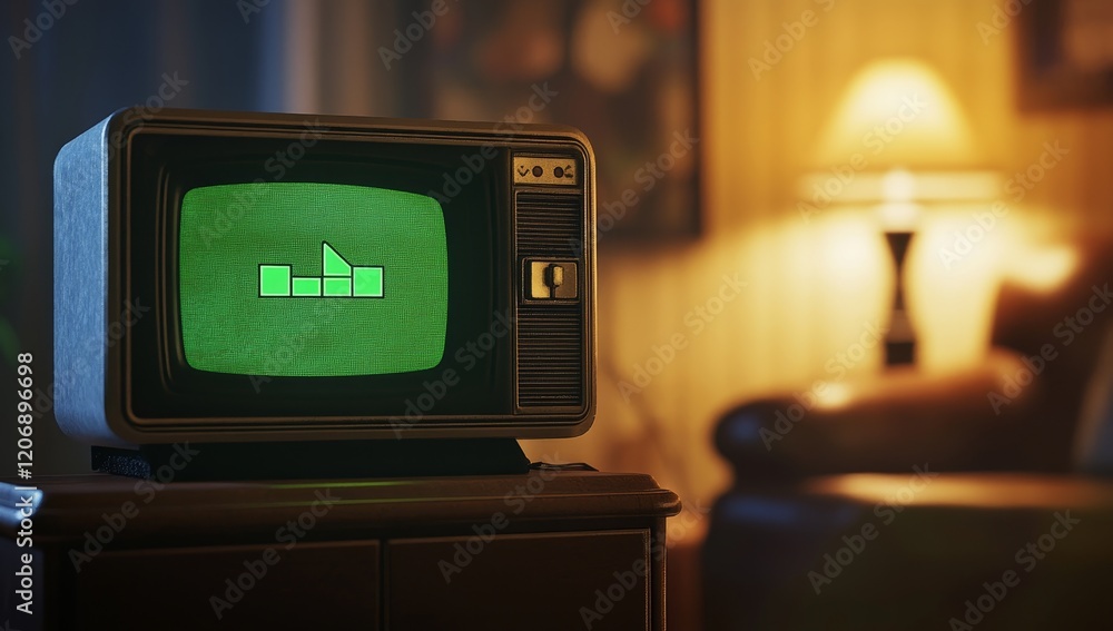 Aufkleber retro tv displaying loading bar in dimly lit living room.