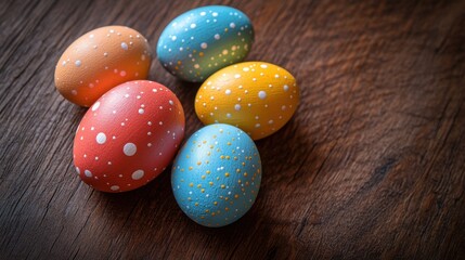 Fototapeta premium Colorful speckled eggs arranged on a rustic wooden surface for spring celebrations and festivities