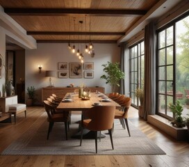 Fototapeta premium A warm and cozy living room with a big dining table in the center, seasonal tablescape, autumnal ambiance