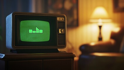 Retro TV displaying loading bar in dimly lit living room.