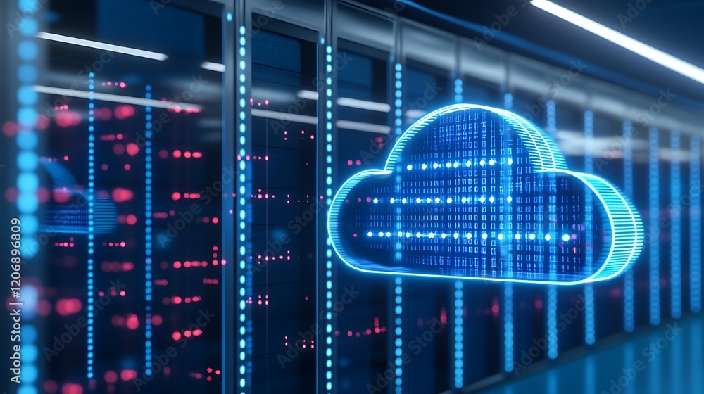 Aufkleber futuristic cloud storage concept with neon data streams in modern server room environment