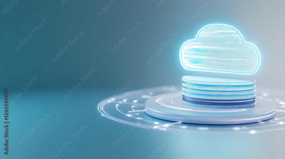 Poster futuristic cloud storage technology concept with data circuits and circular platform for digital inn