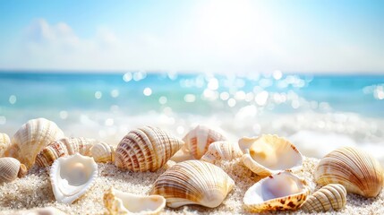 Close-up seashells on seashore beach holiday, landscape background