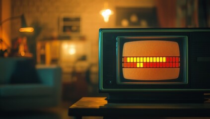Retro TV displaying loading bar in vintage living room.