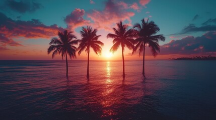 Dark palm trees silhouettes on colorful tropical ocean sunset landscape