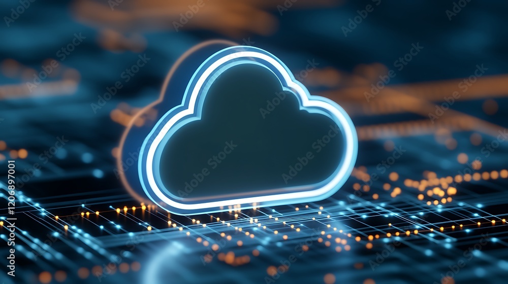 Poster futuristic cloud symbol over digital circuit background representing data storage and connectivity s