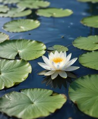 A white lotus flower blooming on a bed of soft blue water lily pads, calm blooms, aquatic flora, water lily