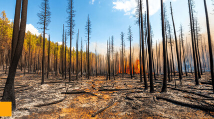 A dramatic landscape showing charred trees amidst a burnt forest, with smoke and flames hinting at ongoing wildfires under a bright blue sky.