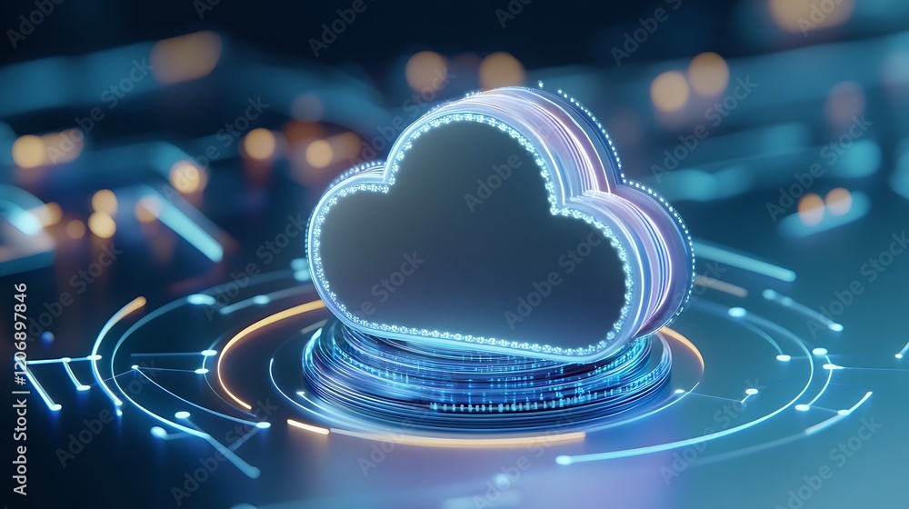Poster futuristic cloud technology concept with digital circuitry and neon glow in modern data environment