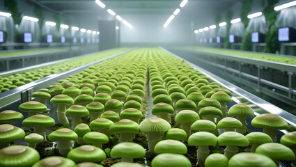 Mushroom cultivation facility in flourishing condition neatly arranged rows of vibrant plants