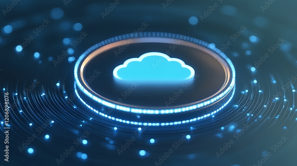 Poster futuristic cloud technology concept with glowing circular pattern and luminous particles in a digita