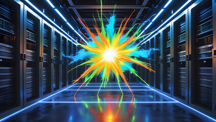 Technology creating a dazzling and dynamic splash effect in a sever room. AI Generated.