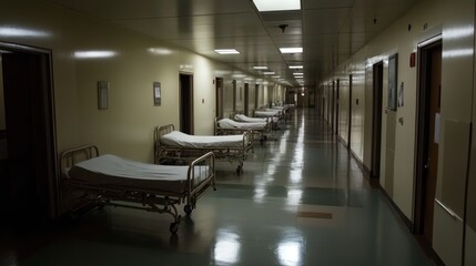 Long, empty hospital corridor with numerous beds and closed doors, a somber image