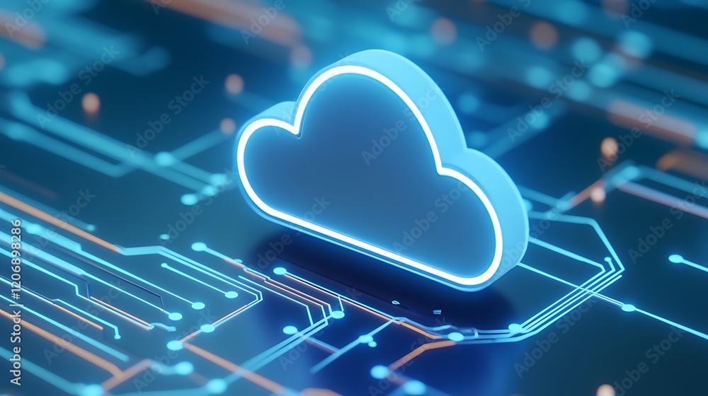 Poster futuristic cloud technology displayed on neon circuit board for data storage and digital connection