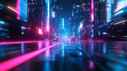 Obraz premium Futuristic City Nightscape with Neon Lights and Speeding Cars