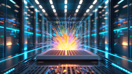 Technology creating a dazzling and dynamic splash effect in a sever room. AI Generated.