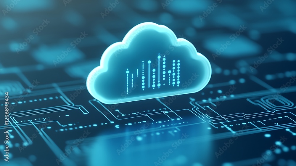 Poster futuristic cloud technology illustration with digital data visualization on circuit board background