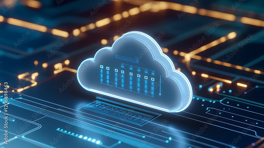 Poster futuristic cloud technology representation with digital network and data visualization elements