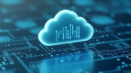 Futuristic Cloud Technology Illustration with Digital Data Visualization on Circuit Board Background