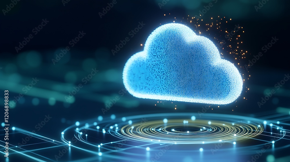 Poster futuristic cloud technology with digital circuits and glowing particles representing data storage co