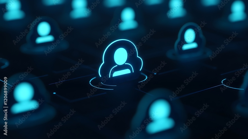 Poster futuristic concept of digital communication network with glowing user icons on dark background