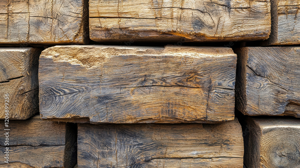 Poster close-up view of stack of rough-cut lumber beams highlighting unique natural textures and patterns