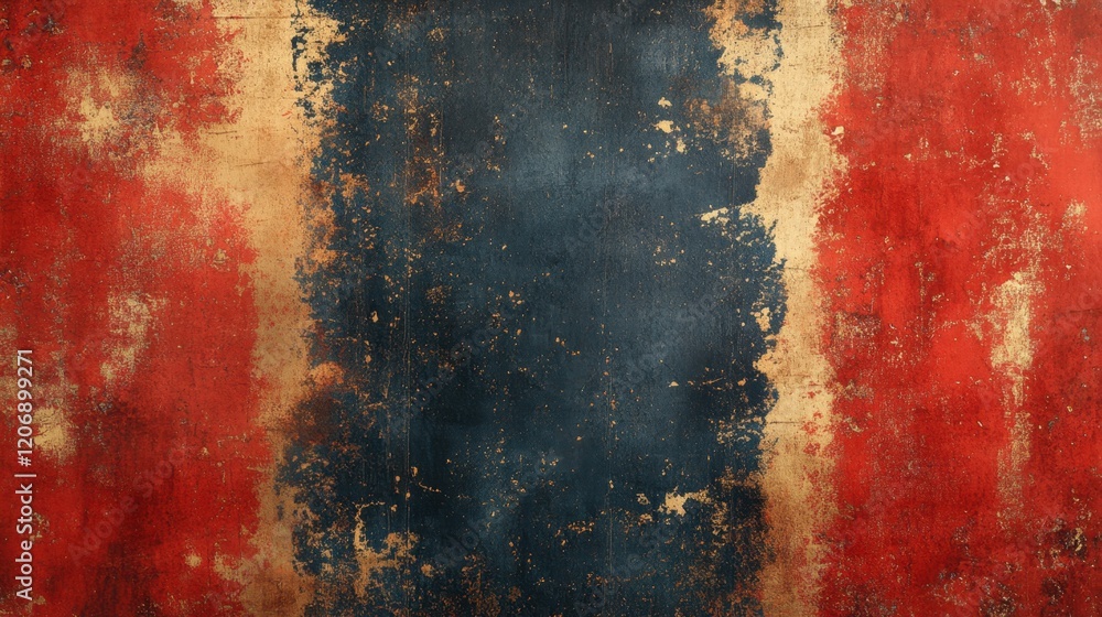Poster weathered paint creates a striking abstract pattern of deep blue and vibrant red in a textured backg