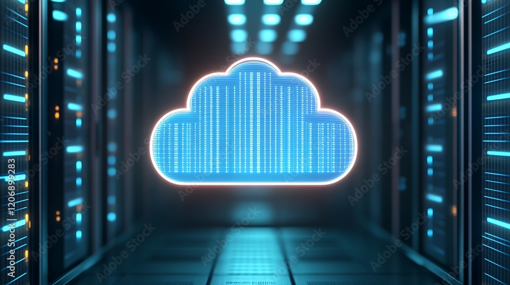 Aufkleber futuristic data center with digital cloud icon and neon lights in a high-tech environment