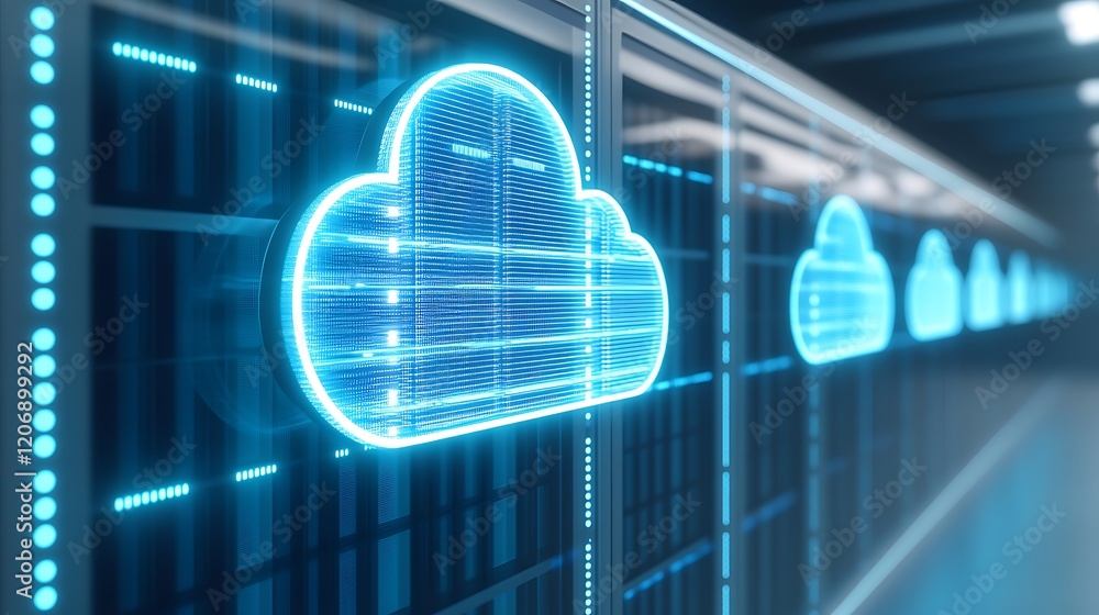 Poster futuristic data center with glowing cloud icons representing cloud computing technology and digital 