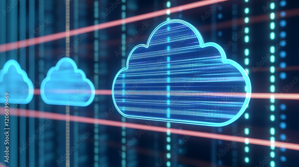 Poster futuristic data cloud storage visualization with neon lines and digital patterns in a technology con