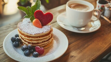 Delicious Heart-Shaped Pancakes with Berries and a Steaming Cup of Coffee