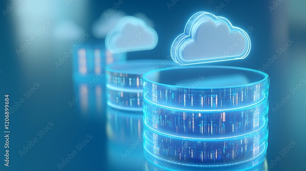 Poster futuristic data storage concept with glowing cloud technology and digital byte representations for c