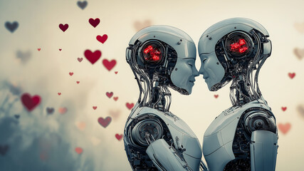 Humanoid robots embrace and share floating hearts in a serene digital landscape, love on Valentine's Day