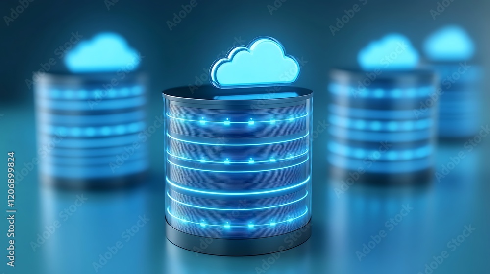 Poster futuristic data storage concept with glowing cloud symbol and digital elements for technology themes