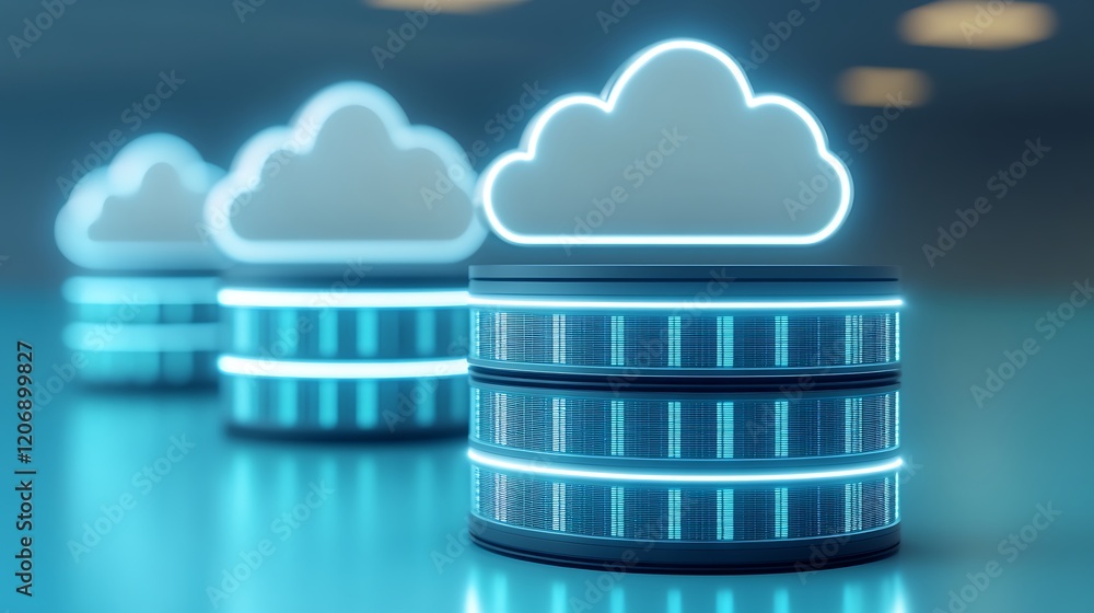 Poster futuristic data storage solutions with neon cloud symbols in modern tech environment